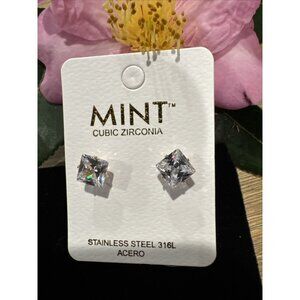 Stainless Steel Goldtone Square 316L CZ Earrings NEW W Gift Bag